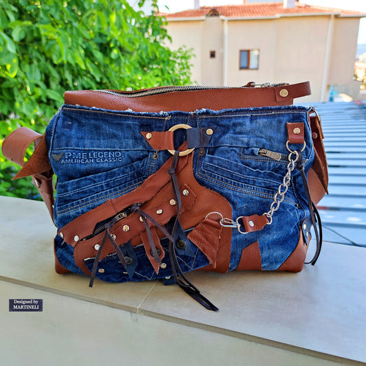 Upcycled Denim Crossbody Bag-Handmade Boho Jean Purse with Leather Straps-Recycled Jeans Shoulder Purse-Eco Friendly Festival Bag-Western