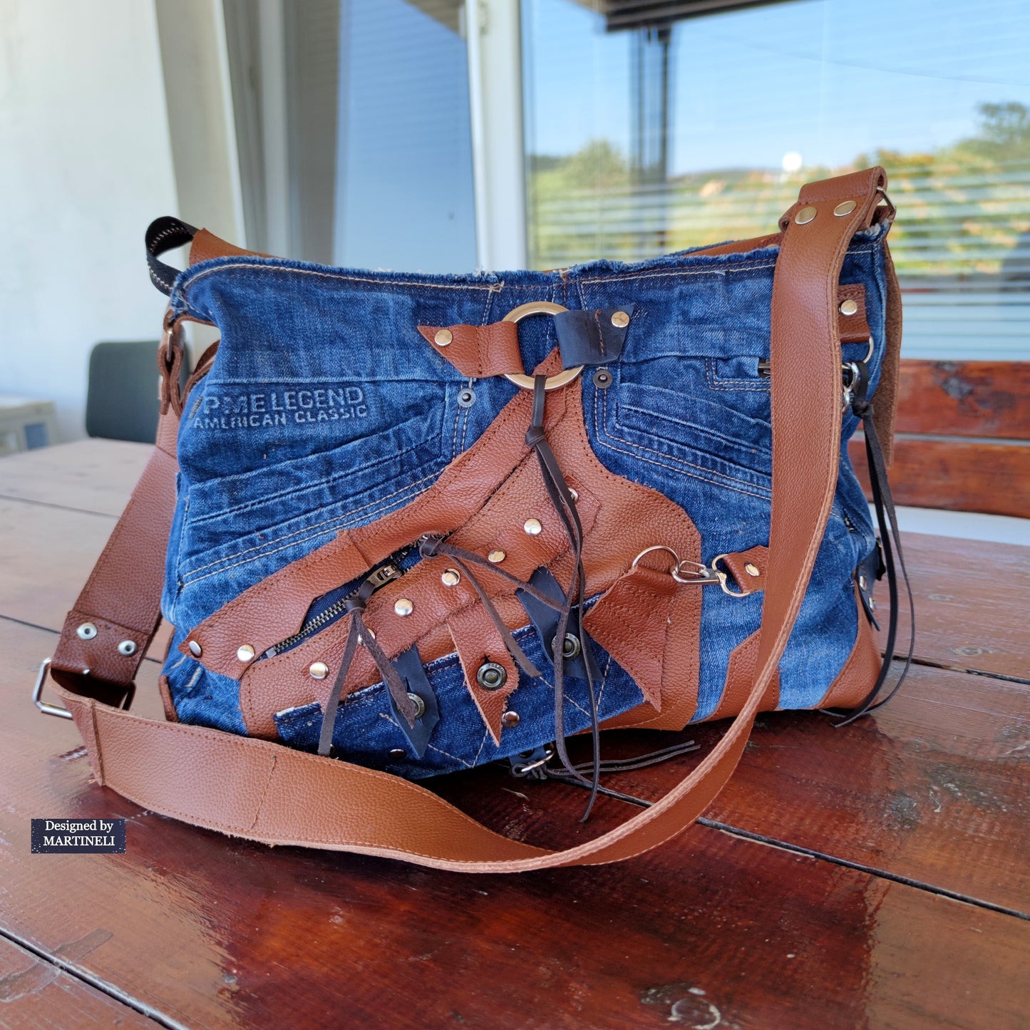 Upcycled Denim Crossbody Bag-Handmade Boho Jean Purse with Leather Straps-Recycled Jeans Shoulder Purse-Eco Friendly Festival Bag-Western