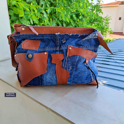 Upcycled Denim Crossbody Bag-Handmade Boho Jean Purse with Leather Straps-Recycled Jeans Shoulder Purse-Eco Friendly Festival Bag-Western