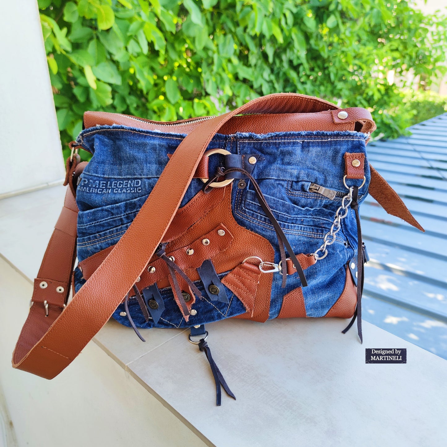 Upcycled Denim Crossbody Bag-Handmade Boho Jean Purse with Leather Straps-Recycled Jeans Shoulder Purse-Eco Friendly Festival Bag-Western