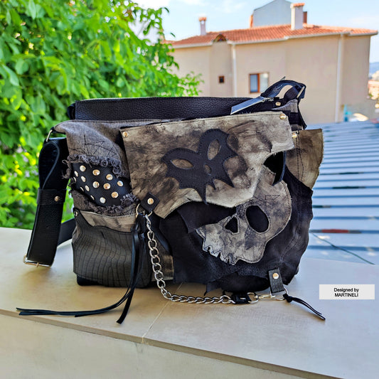 GOTHIC LEATHER SHOULDER BAG-PUNK ROCK SKULL PURSE-LARGE DENIM CROSSBODY BAG