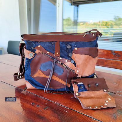 Handmade Denim Crossbody Bag-Upcycled Boho Jean Purse with Leather Straps-Recycled Jeans Shoulder Purse-Eco Friendly Festival Bag-Western