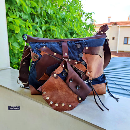 Handmade Denim Crossbody Bag-Upcycled Boho Jean Purse with Leather Straps-Recycled Jeans Shoulder Purse-Eco Friendly Festival Bag-Western
