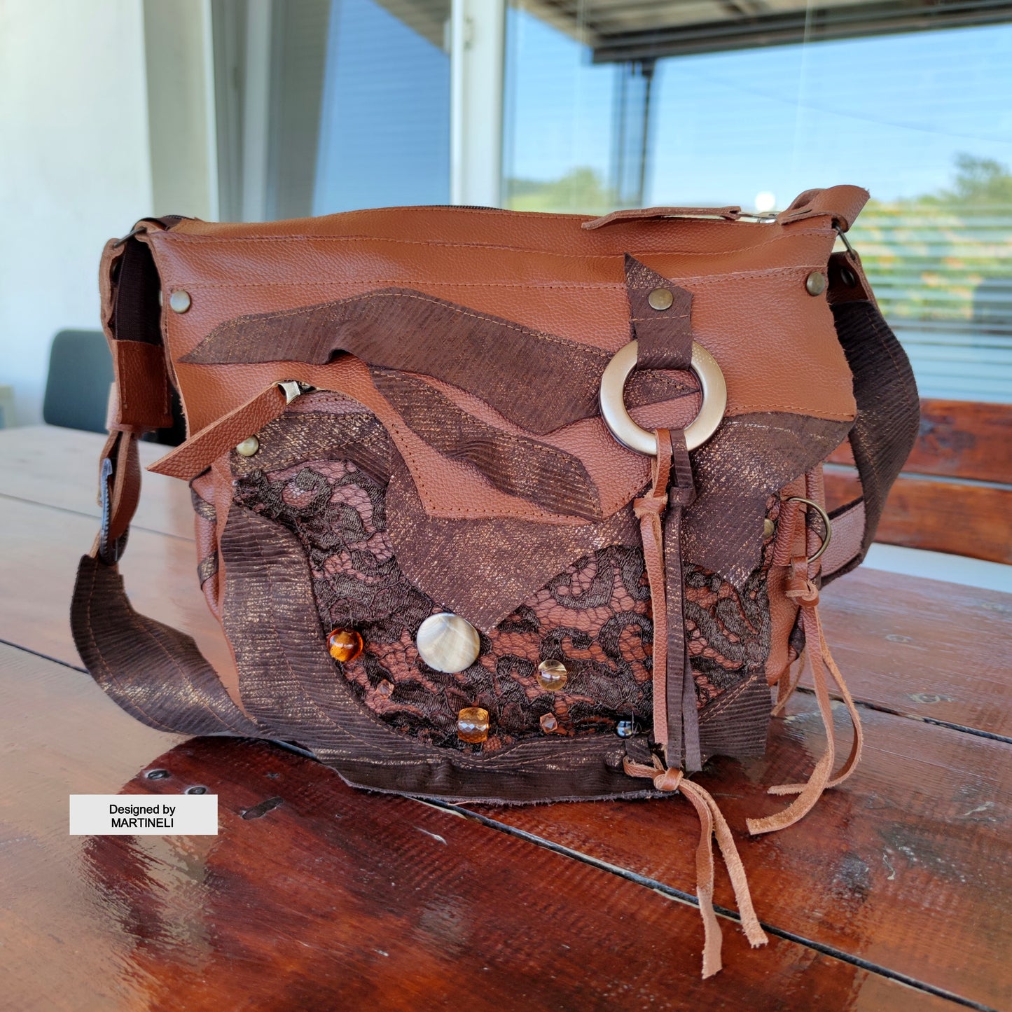 Brown Leather Shoulder Bag with Beads&Floral Lace-Boho Chic Crossbody Purse,Unique Artisan Floral Bag Women,Statement High-End Festival Bag