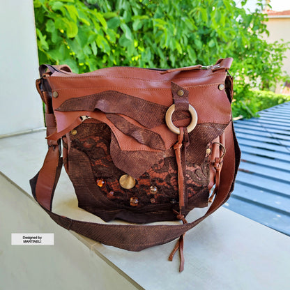 Brown Leather Shoulder Bag with Beads&Floral Lace-Boho Chic Crossbody Purse,Unique Artisan Floral Bag Women,Statement High-End Festival Bag