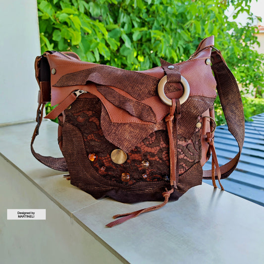 Brown Leather Shoulder Bag with Beads&Floral Lace-Boho Chic Crossbody Purse,Unique Artisan Floral Bag Women,Statement High-End Festival Bag