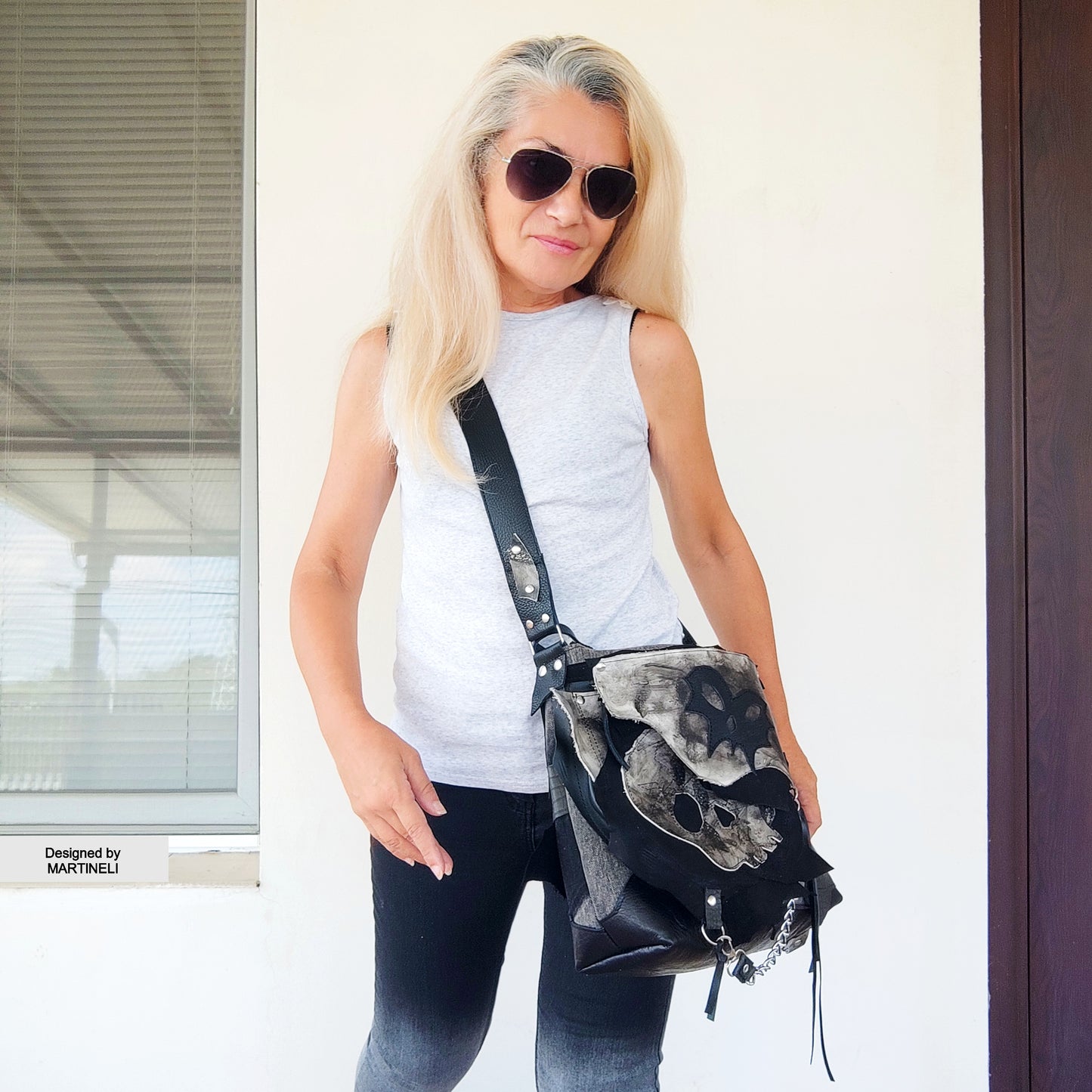 GOTHIC LEATHER SHOULDER BAG-PUNK ROCK SKULL PURSE-LARGE DENIM CROSSBODY BAG