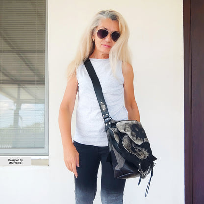 GOTHIC LEATHER SHOULDER BAG-PUNK ROCK SKULL PURSE-LARGE DENIM CROSSBODY BAG