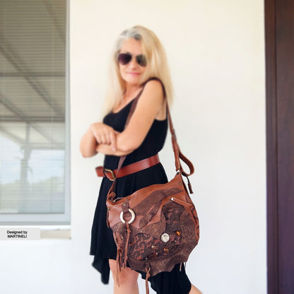 Brown Leather Shoulder Bag with Beads&Floral Lace-Boho Chic Crossbody Purse,Unique Artisan Floral Bag Women,Statement High-End Festival Bag