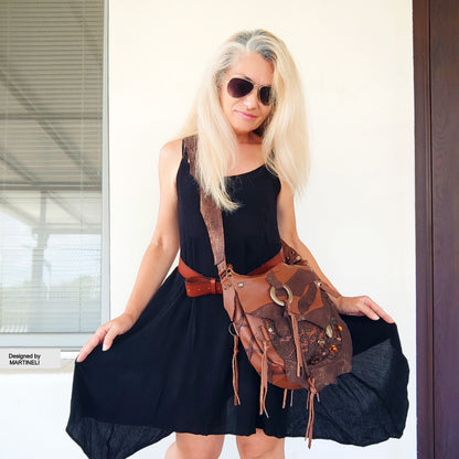 Brown Leather Shoulder Bag with Beads&Floral Lace-Boho Chic Crossbody Purse,Unique Artisan Floral Bag Women,Statement High-End Festival Bag