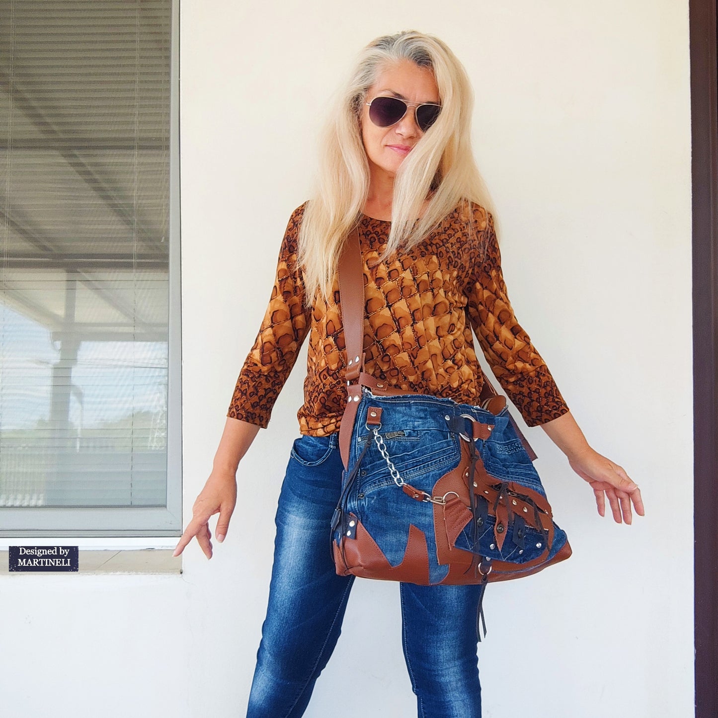 Upcycled Denim Crossbody Bag-Handmade Boho Jean Purse with Leather Straps-Recycled Jeans Shoulder Purse-Eco Friendly Festival Bag-Western