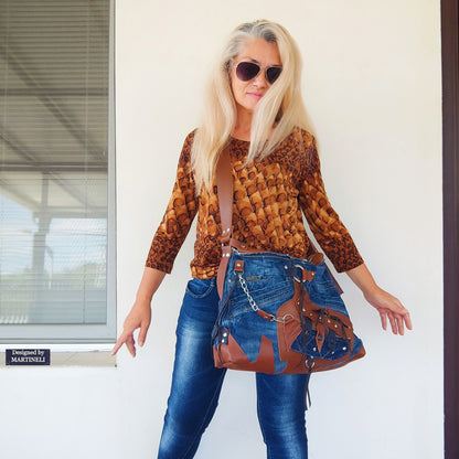 Upcycled Denim Crossbody Bag-Handmade Boho Jean Purse with Leather Straps-Recycled Jeans Shoulder Purse-Eco Friendly Festival Bag-Western