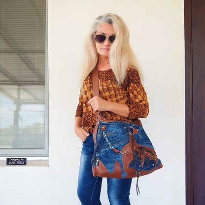 Upcycled Denim Crossbody Bag-Handmade Boho Jean Purse with Leather Straps-Recycled Jeans Shoulder Purse-Eco Friendly Festival Bag-Western