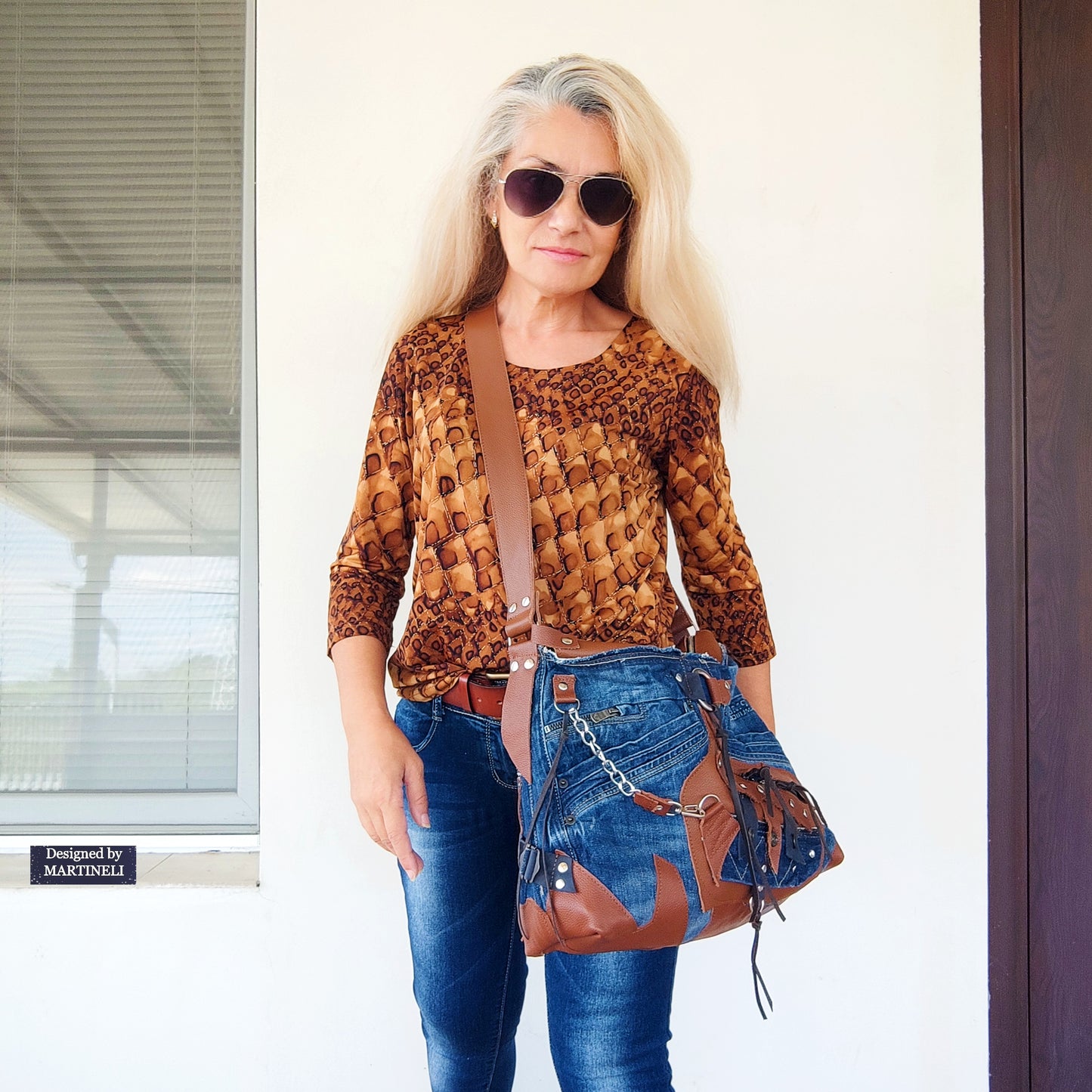 Upcycled Denim Crossbody Bag-Handmade Boho Jean Purse with Leather Straps-Recycled Jeans Shoulder Purse-Eco Friendly Festival Bag-Western