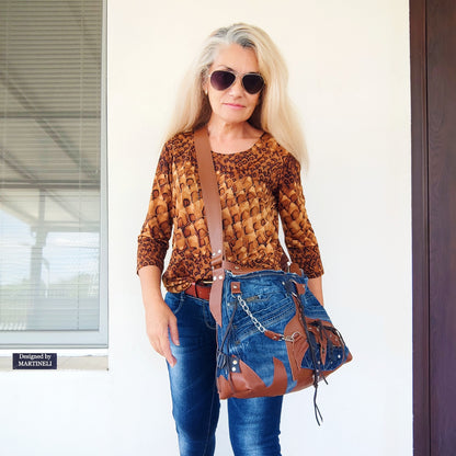 Upcycled Denim Crossbody Bag-Handmade Boho Jean Purse with Leather Straps-Recycled Jeans Shoulder Purse-Eco Friendly Festival Bag-Western