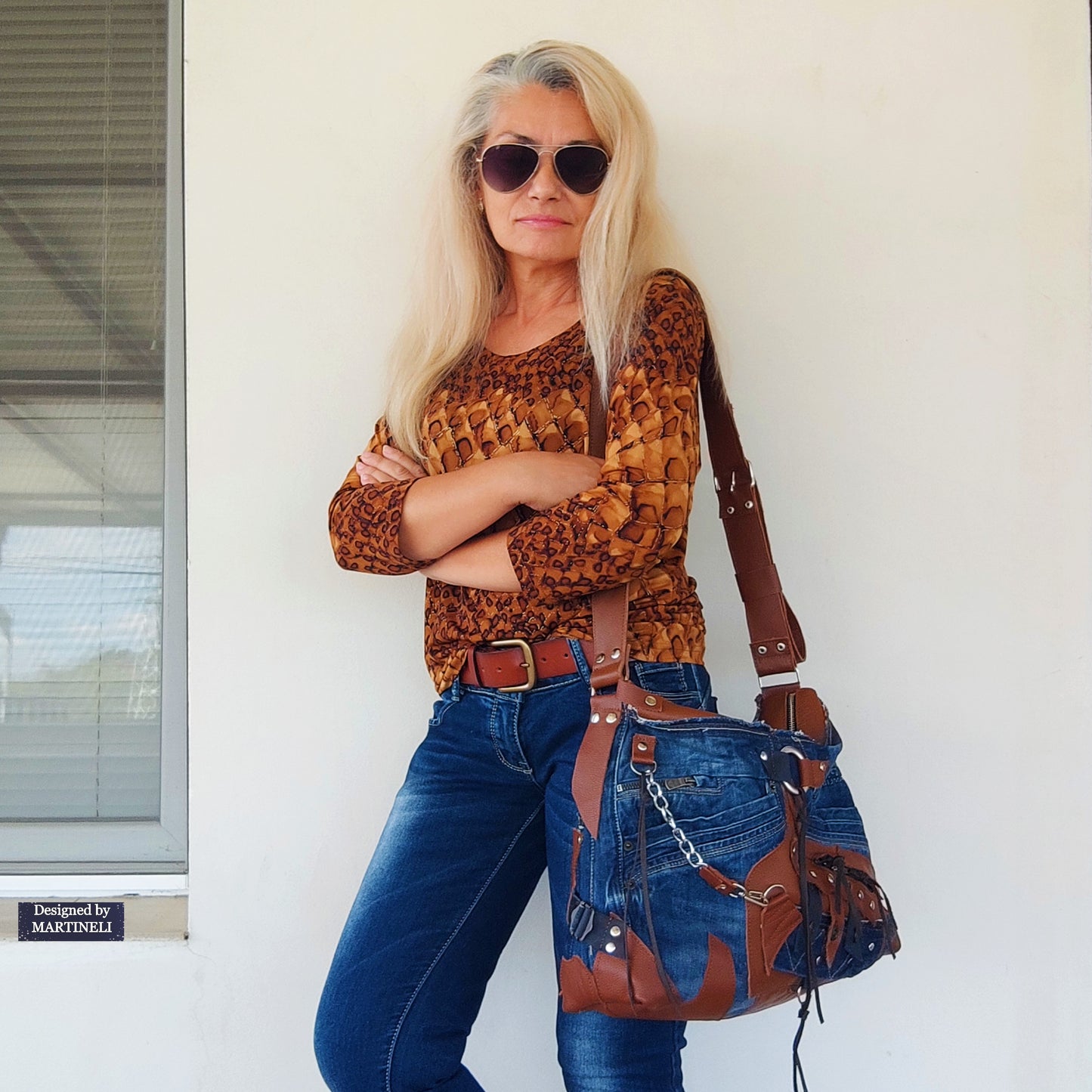 Upcycled Denim Crossbody Bag-Handmade Boho Jean Purse with Leather Straps-Recycled Jeans Shoulder Purse-Eco Friendly Festival Bag-Western