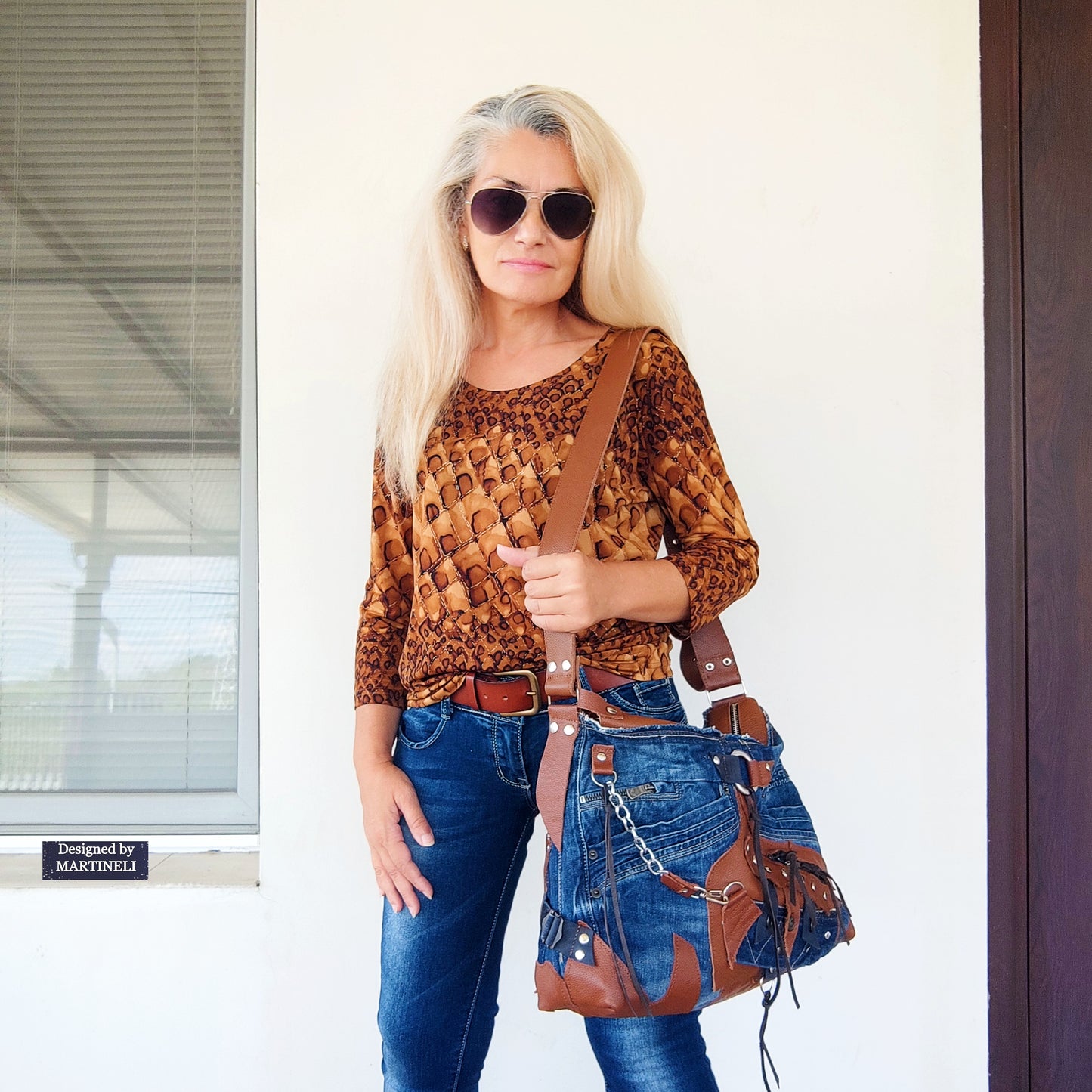 Upcycled Denim Crossbody Bag-Handmade Boho Jean Purse with Leather Straps-Recycled Jeans Shoulder Purse-Eco Friendly Festival Bag-Western