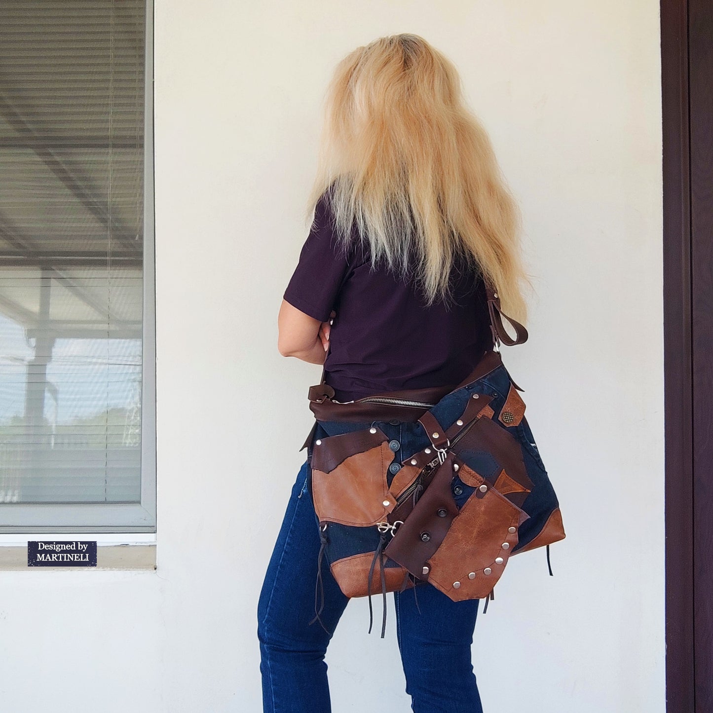 Handmade Denim Crossbody Bag-Upcycled Boho Jean Purse with Leather Straps-Recycled Jeans Shoulder Purse-Eco Friendly Festival Bag-Western