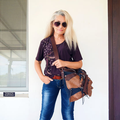 Handmade Denim Crossbody Bag-Upcycled Boho Jean Purse with Leather Straps-Recycled Jeans Shoulder Purse-Eco Friendly Festival Bag-Western