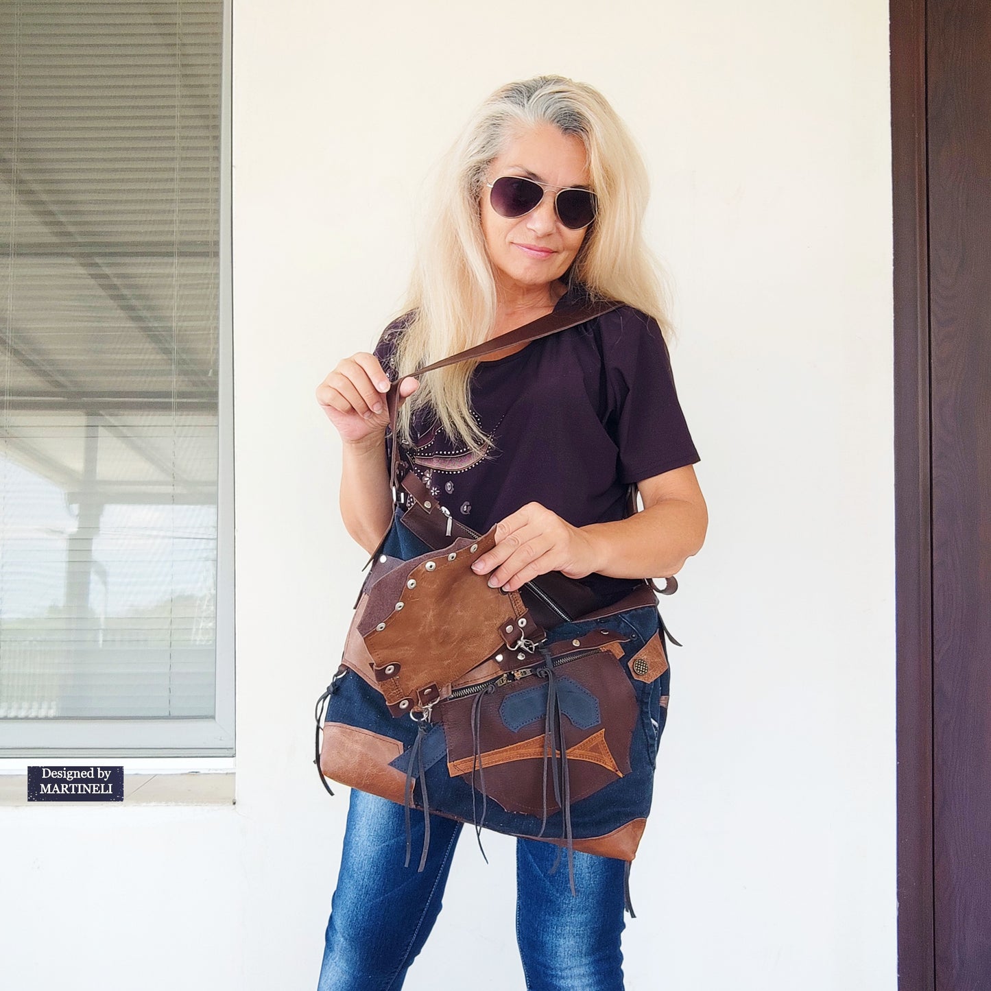 Handmade Denim Crossbody Bag-Upcycled Boho Jean Purse with Leather Straps-Recycled Jeans Shoulder Purse-Eco Friendly Festival Bag-Western