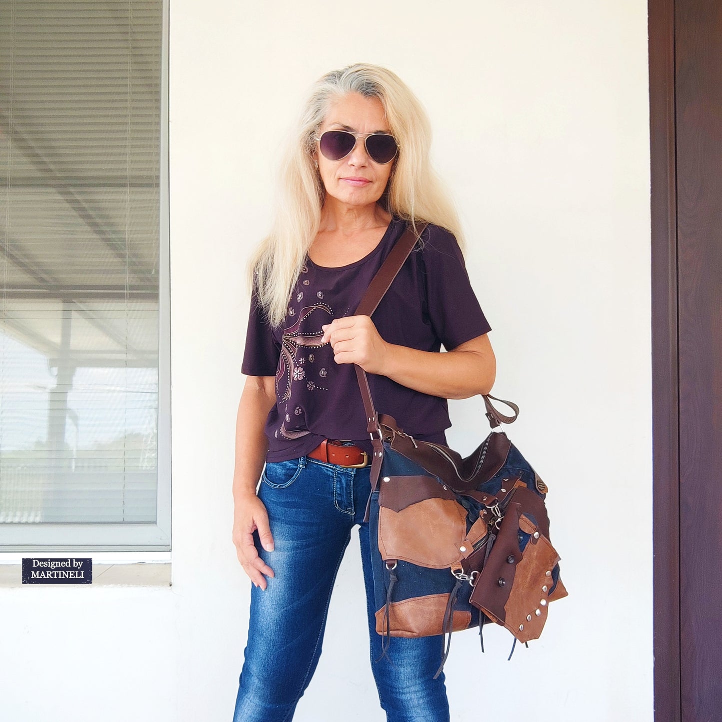 Handmade Denim Crossbody Bag-Upcycled Boho Jean Purse with Leather Straps-Recycled Jeans Shoulder Purse-Eco Friendly Festival Bag-Western