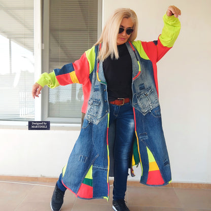 Plus Size Patchwork Denim Jacket: Upcycled 3XL Boho Jean Jacket