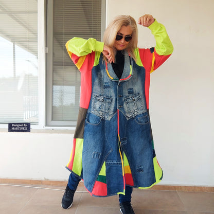 Plus Size Patchwork Denim Jacket: Upcycled 3XL Boho Jean Jacket