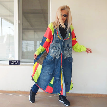 Plus Size Patchwork Denim Jacket: Upcycled 3XL Boho Jean Jacket