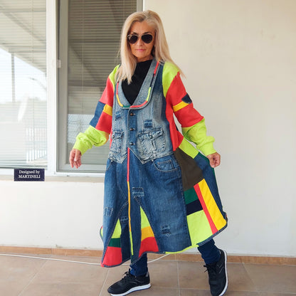 Plus Size Patchwork Denim Jacket: Upcycled 3XL Boho Jean Jacket