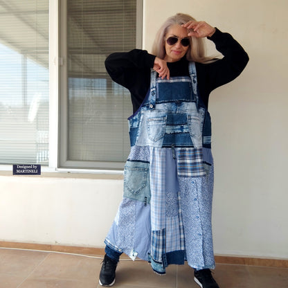 Plus Size Denim Pinafore Dress,3XL Long Denim Dungarees for Women