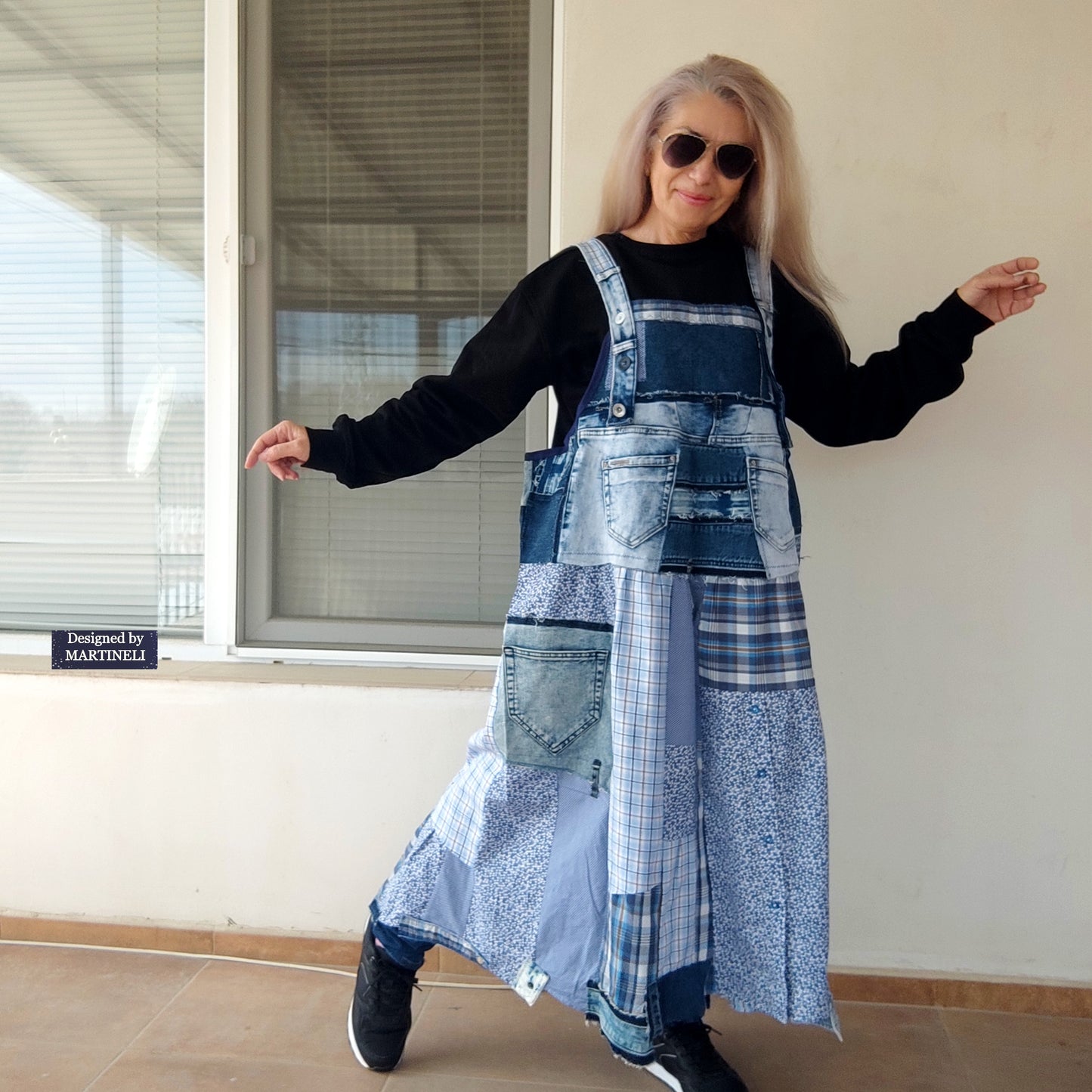 Plus Size Denim Pinafore Dress,3XL Long Denim Dungarees for Women