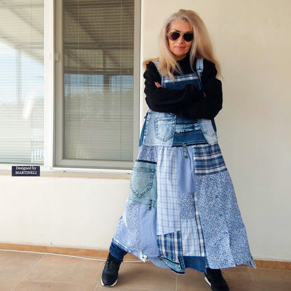 Plus Size Denim Pinafore Dress,3XL Long Denim Dungarees for Women