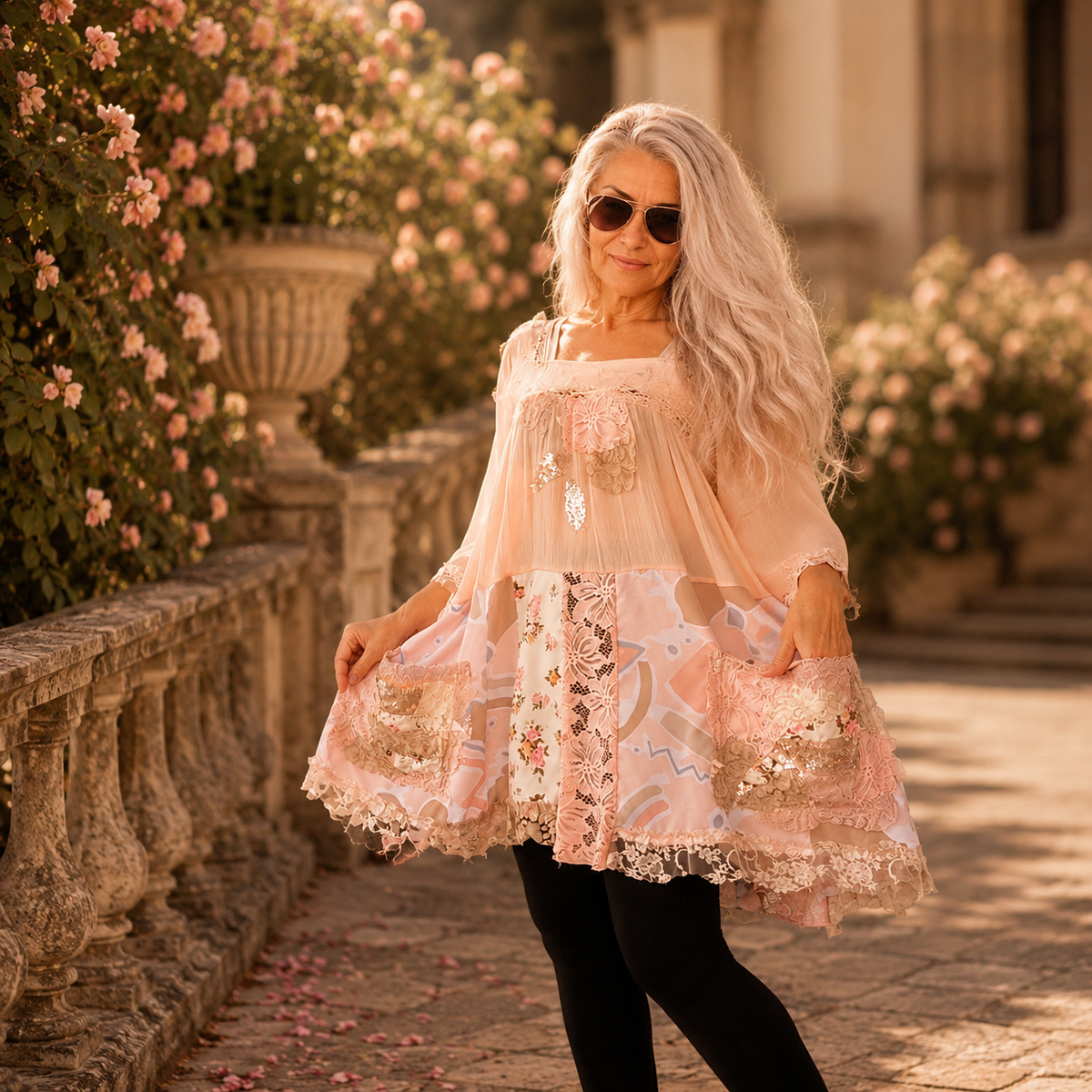 Plus size 3XL 4XL pink patchwork tunic dress with lace chiffon tulle and sequins handmade by MARTINELI