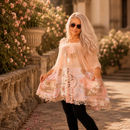 Plus size 3XL 4XL pink patchwork tunic dress with lace chiffon tulle and sequins handmade by MARTINELI