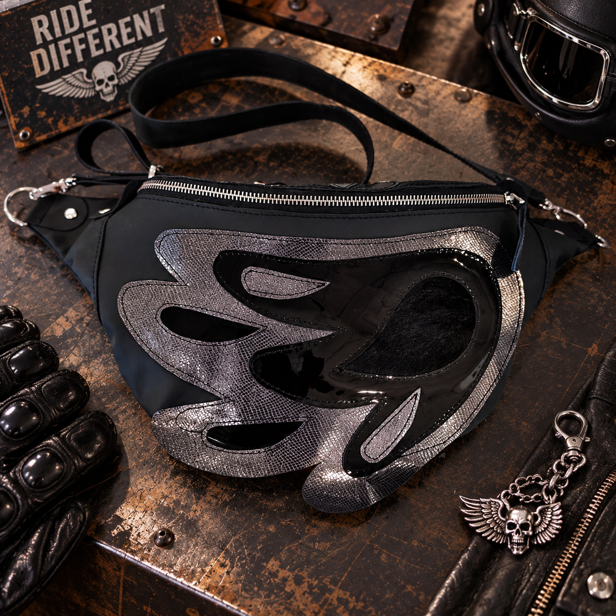Black Silver Italian Leather Angel Wing Crossbody Bag