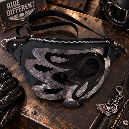 Black Silver Italian Leather Angel Wing Crossbody Bag