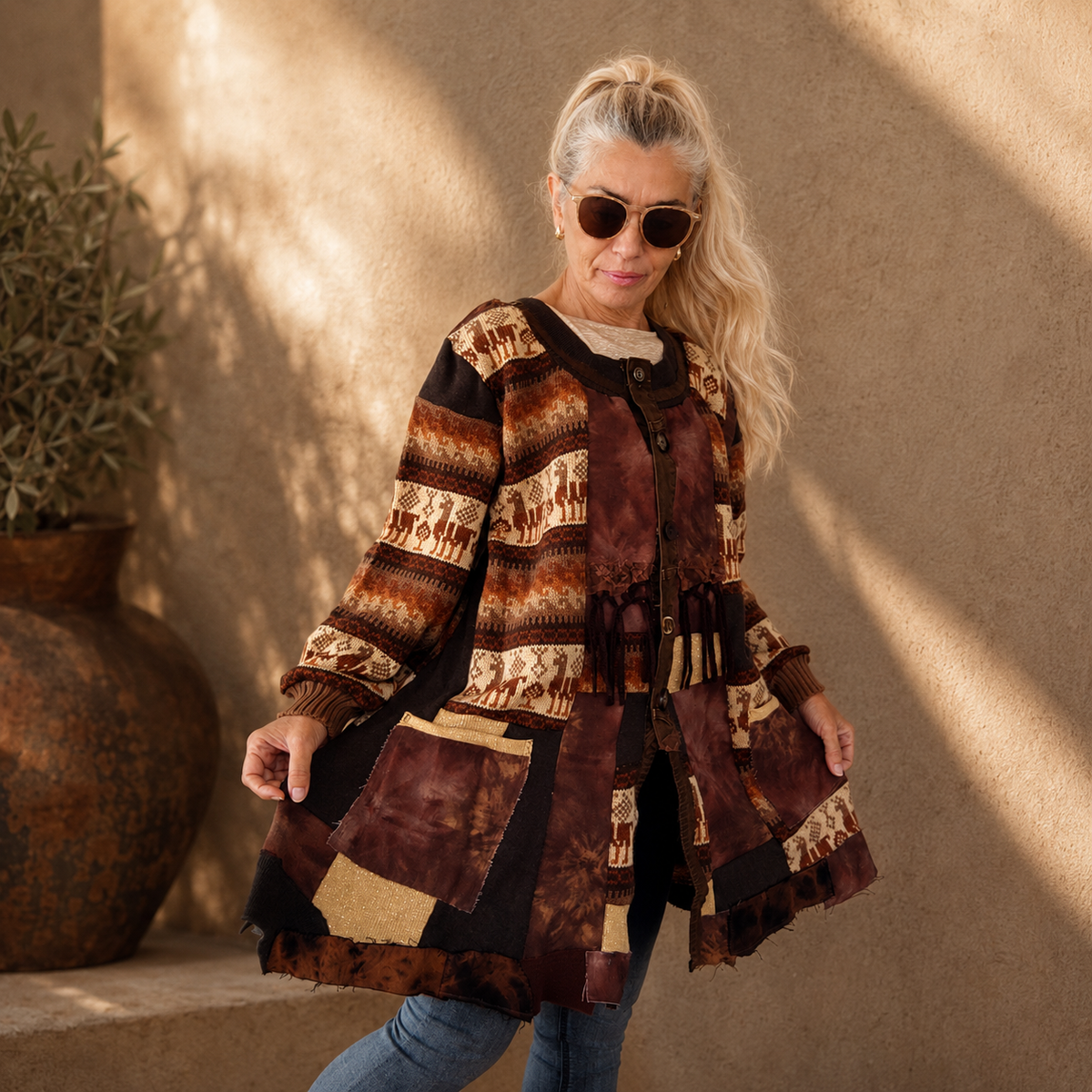 2XL Plus Size Wool Cardigan Dress – Brown Patchwork Boho Coat