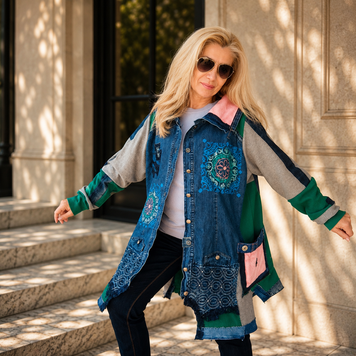 3XL Plus Size Denim Jacket – Boho Patchwork, Hand Painted Artwear