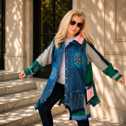 3XL Plus Size Denim Jacket – Boho Patchwork, Hand Painted Artwear