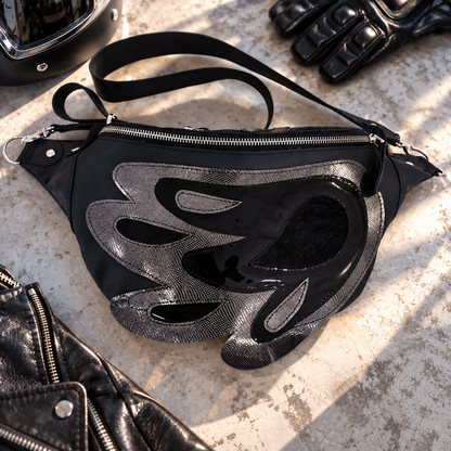Front view of black and silver Angel Wing leather crossbody bag