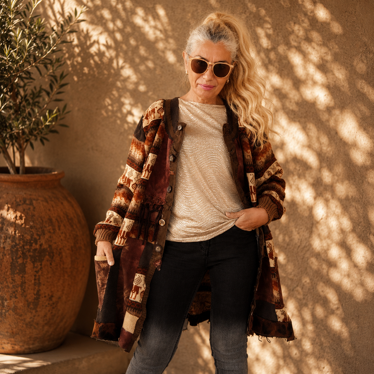 2XL Plus Size Wool Cardigan Dress – Brown Patchwork Boho Coat