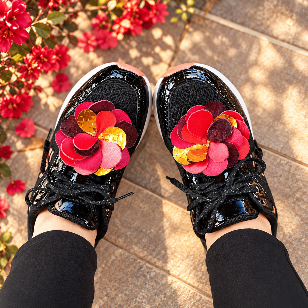 Red, wine red and orange genuine leather flower sneaker charm detail