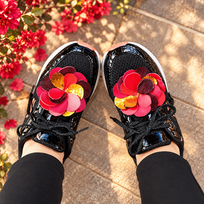 Red, wine red and orange genuine leather flower sneaker charm detail