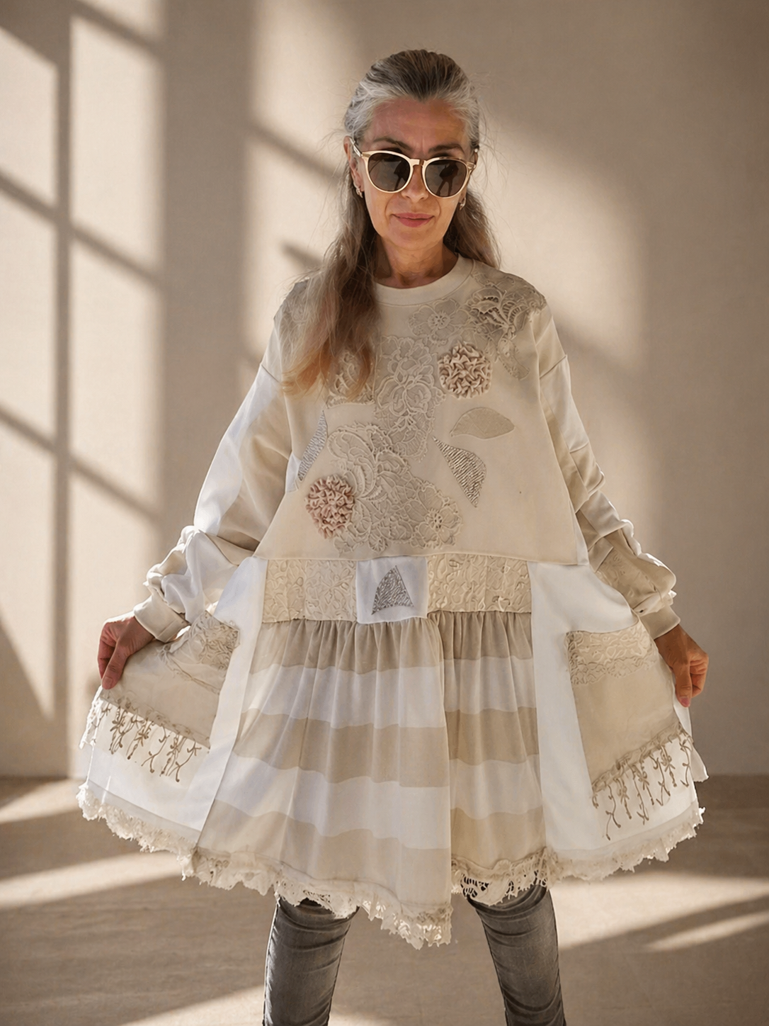 Plus Size Beige Sweatshirt Dress,5XL Boho Style Dress,Loose Cotton Dress
