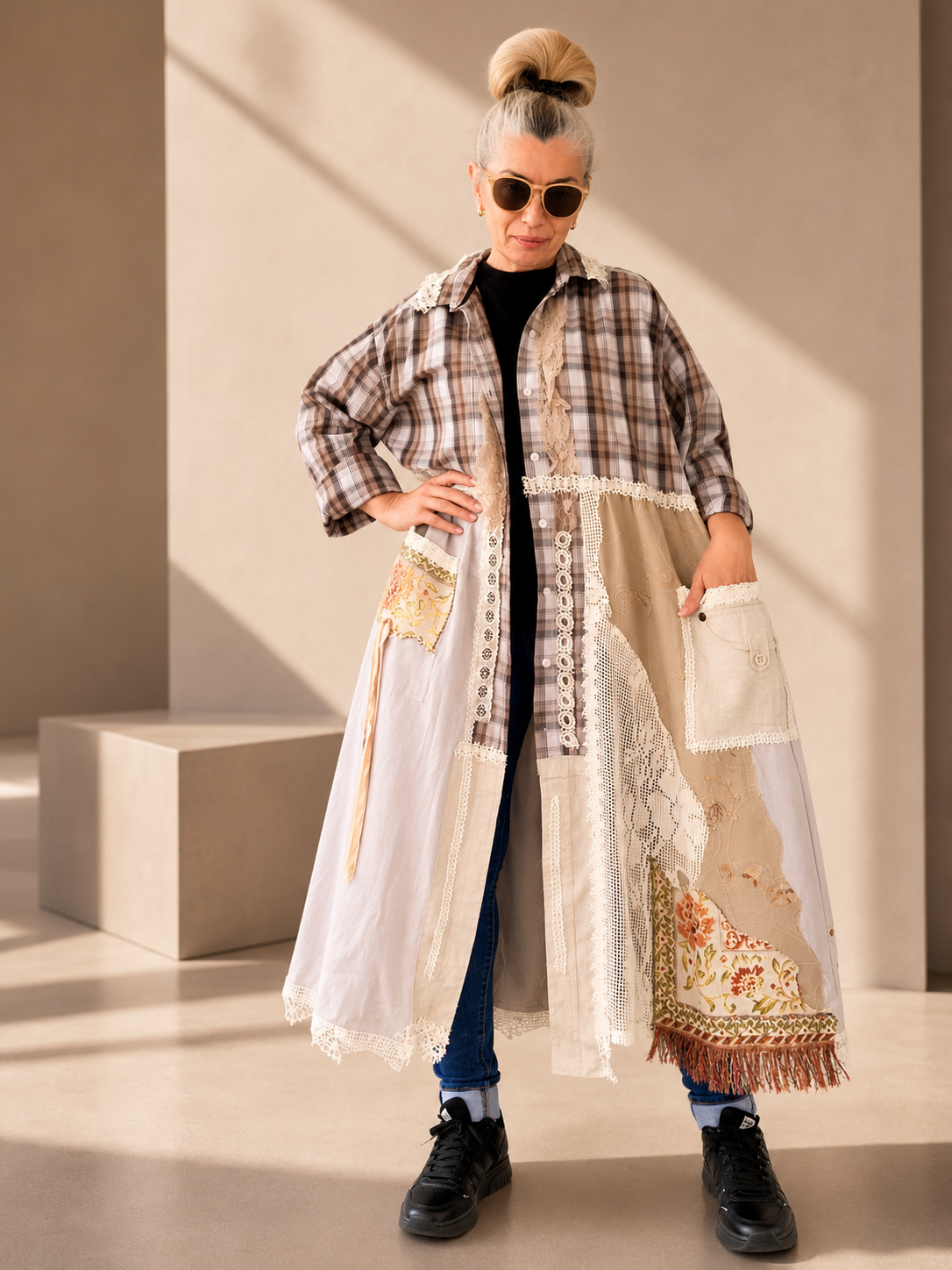 2XL Plus Size Linen Duster Dress – Beige Plaid Patchwork Boho Jacket