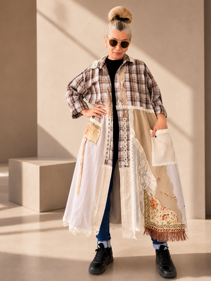 2XL Plus Size Linen Duster Dress – Beige Plaid Patchwork Boho Jacket