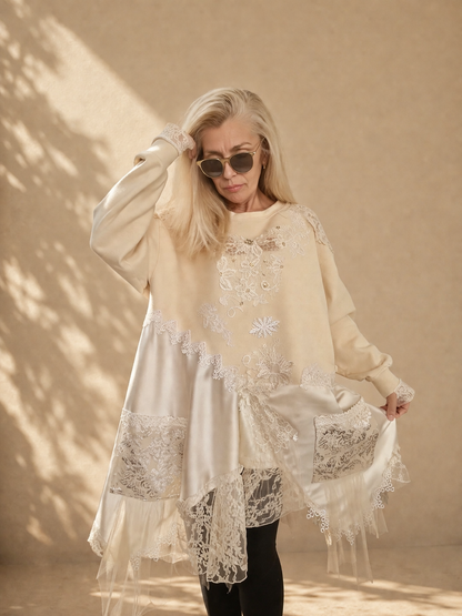 Plus Size Beige Sweatshirt Dress,3XL Loose Floral Satin Dress