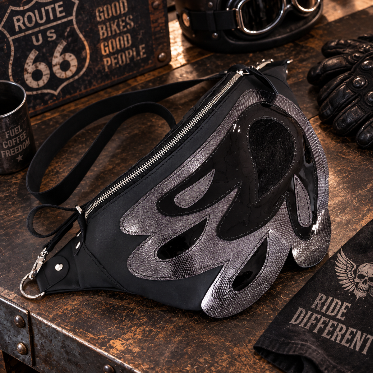 Black Silver Italian Leather Angel Wing Crossbody Bag