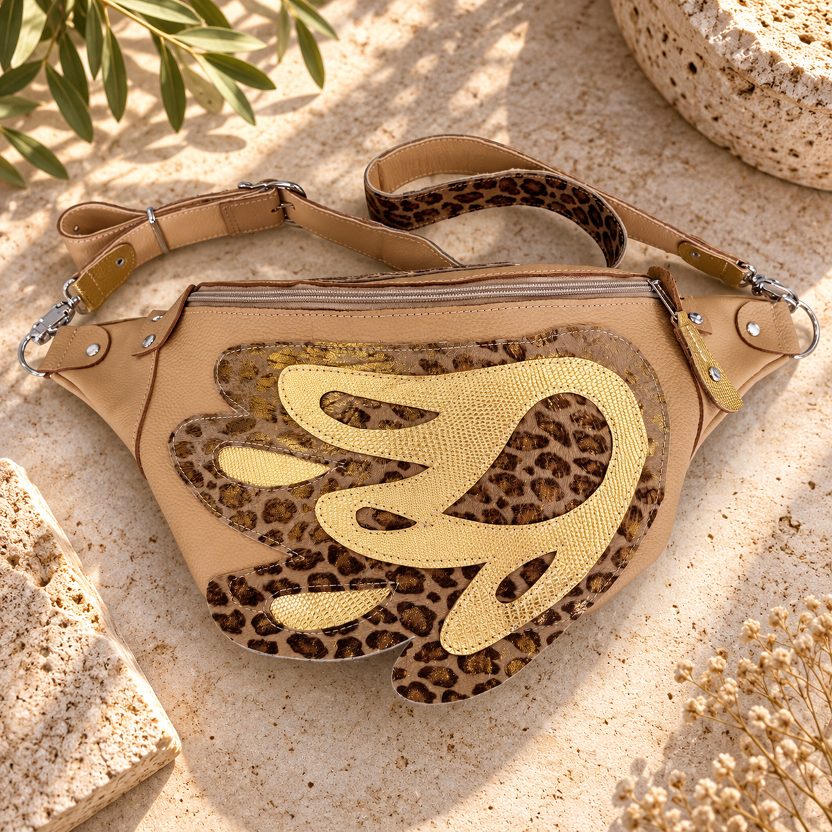 Beige gold leopard Italian leather Angel Wing crossbody bag by MARTINELI