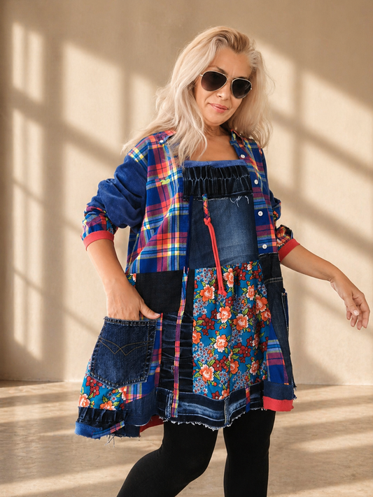 Plus Size Denim Shirt Dress,3XL Boho Style Tunic Dress